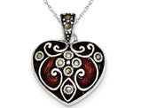 Red Enamel & Marcasite Heart Pendant Necklace in Sterling Silver